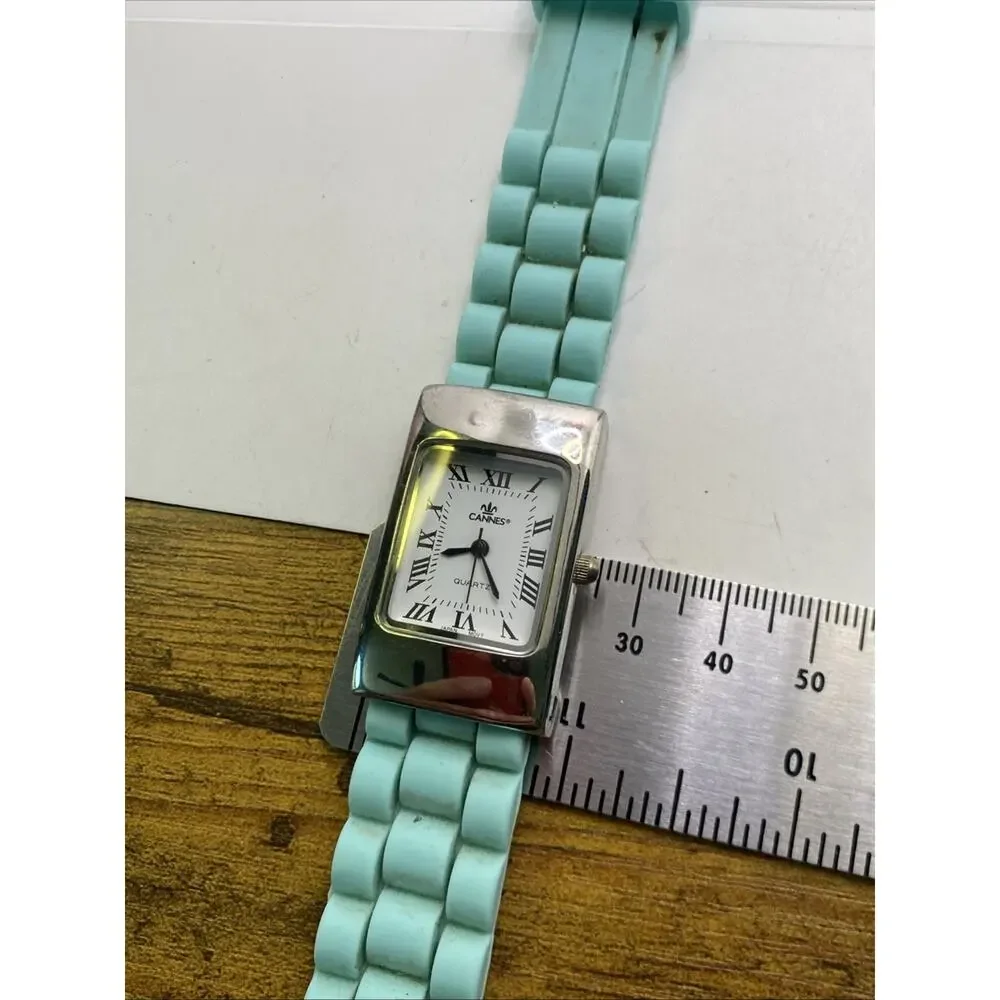 Cannes Womens Silver Teal Band Watch Works New Battery